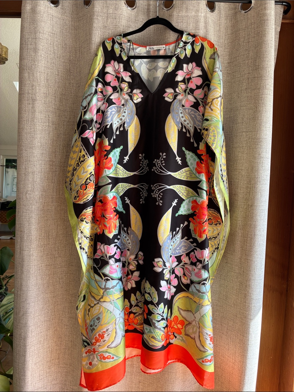 Zara Black Silk Caftan with Multicolor Floral and Bird Motif